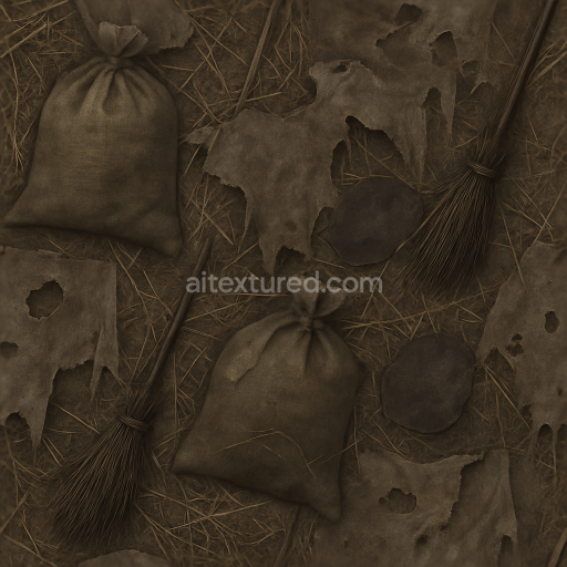 Seamless 3d texture PBR 8k tattered burlap sack fabric with dry straw for Halloween effects