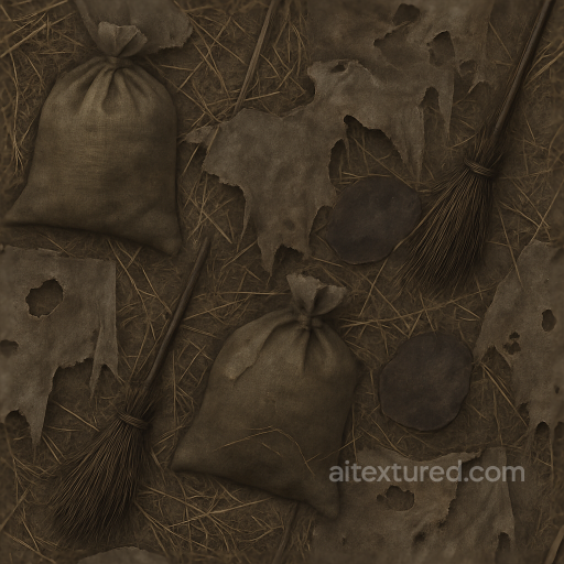 Tattered Burlap Sack Fabric With Dry Straw For Halloween Effects texture preview