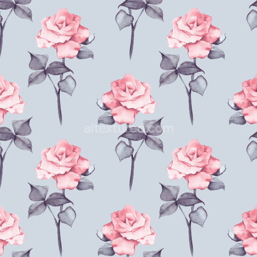 Seamless 3D PBR Watercolor Rose Floral Fabric Texture with Soft Gray Background