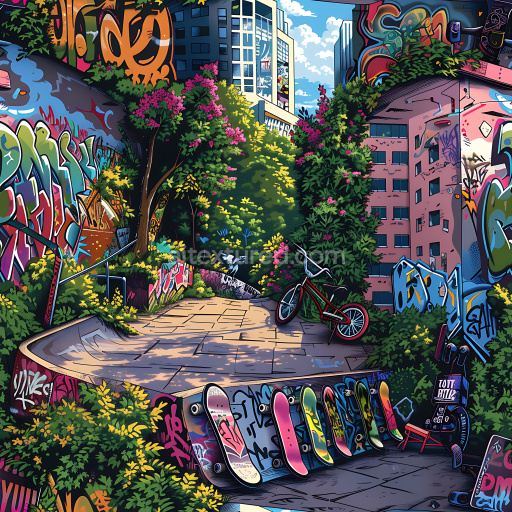 Seamless 3D PBR Texture Featuring Colorful Urban Graffiti and Skatepark Elements