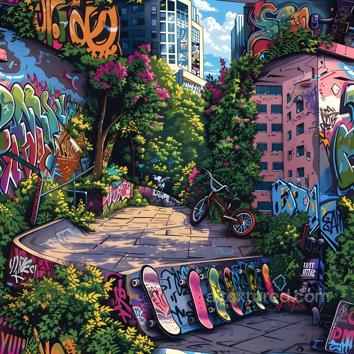 Seamless 3D PBR Texture Featuring Colorful Urban Graffiti and Skatepark Elements texture preview