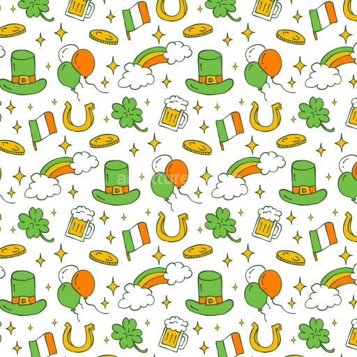 Seamless 3D PBR Texture Featuring St Patrick Symbols in Green, Orange, and Yellow