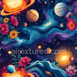 seamless Seamless 3D Space PBR Texture Featuring Stylized Galaxy Clouds and Colorful Planets with Floral Accents texture 8k free download PBR