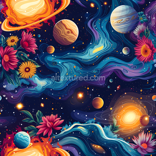 Seamless 3D Space PBR Texture Featuring Stylized Galaxy Clouds and Colorful Planets with Floral Accents