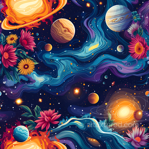 Space PBR Texture Featuring Stylized Galaxy Clouds and Colorful Planets with Floral Accen… seamless Star, space, planets PBR texture