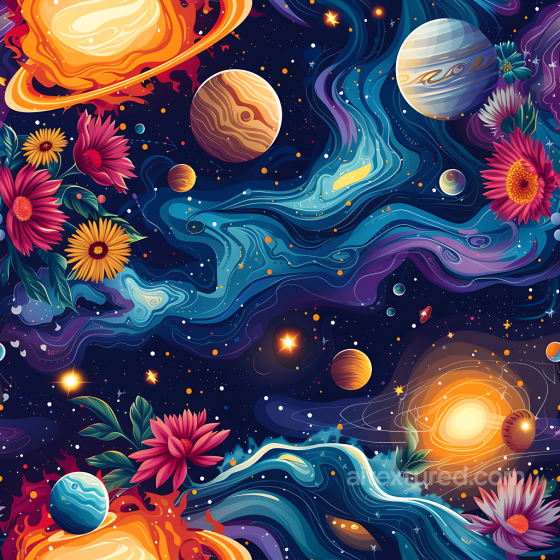 Space PBR Texture Featuring Stylized Galaxy Clouds and Colorful Planets with Floral Accen… Star, space, planets texture preview