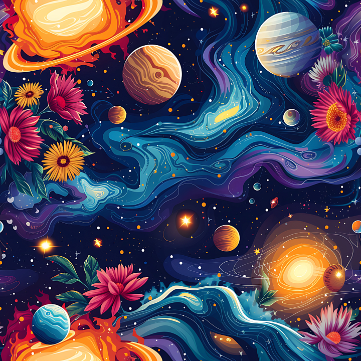 Space Featuring Stylized Galaxy Clouds and Colorful Planets with Floral… seamless PBR texture preview