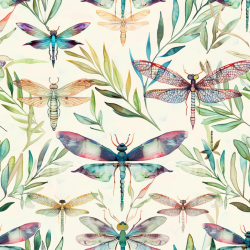 seamless Seamless 3D PBR Texture of Watercolor Dragonfly and Leaf Motif Fabric texture 8k free download PBR
