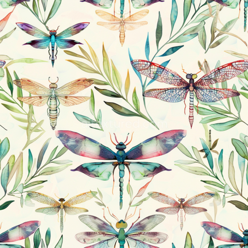 Seamless 3D PBR Texture of Watercolor Dragonfly and Leaf Motif Fabric