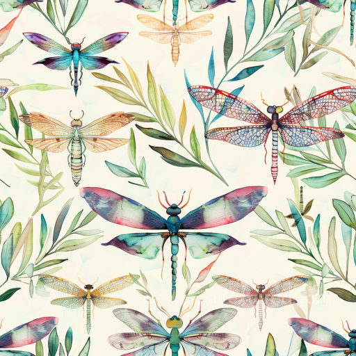 Watercolor Dragonfly and Leaf Motif Fabric Seamless Texture seamless Dragonfly PBR texture