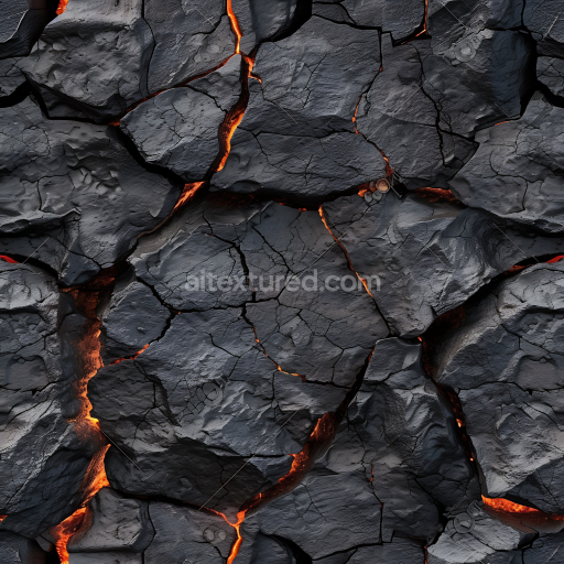 Seamless 3D volcanic rock PBR texture with cracked lava fissures and rugged surface