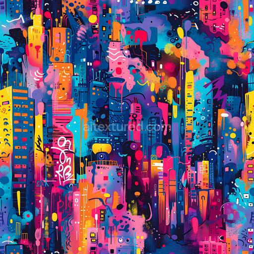 Seamless 3D PBR Texture of Vibrant Multicolor Graffiti Cityscape with Drips and Spray Effects