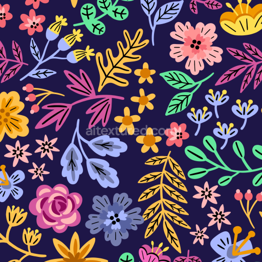 Seamless 3D PBR Texture of Colorful Embroidered Floral Pattern on Dark Fabric Background