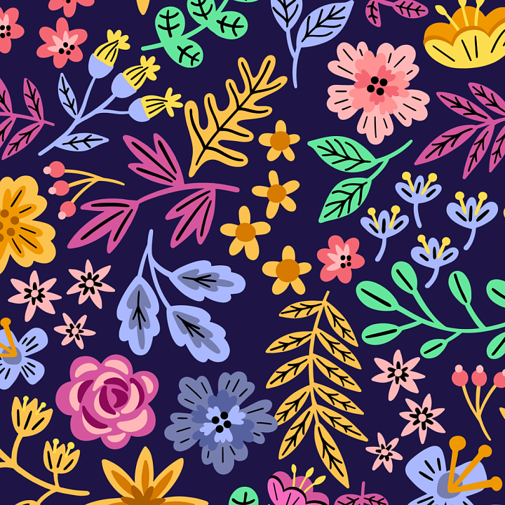 Colorful Embroidered Floral Pattern on Dark Fabric Background seamless PBR texture preview