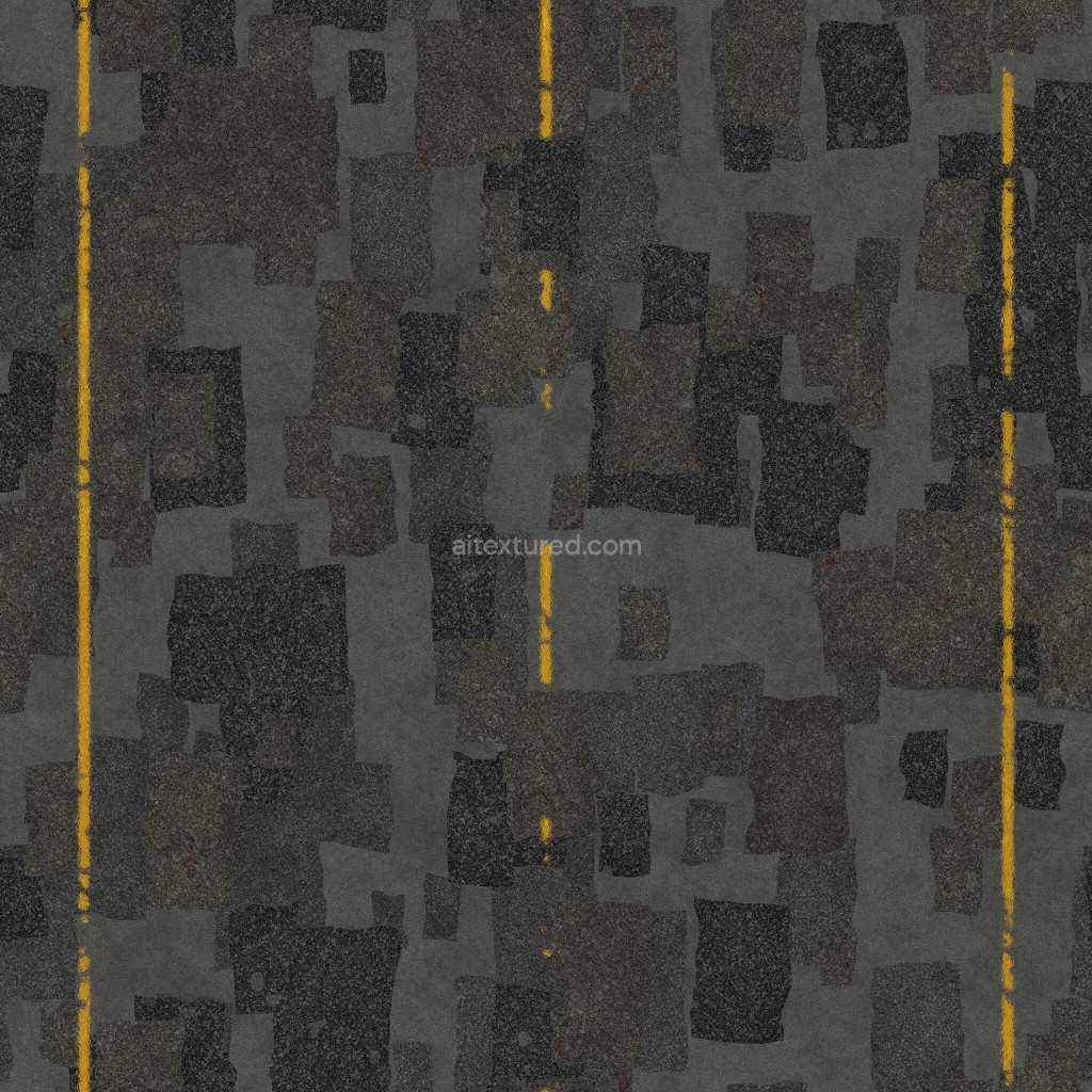 Seamless PBR road texture with yellow lines and rough surface