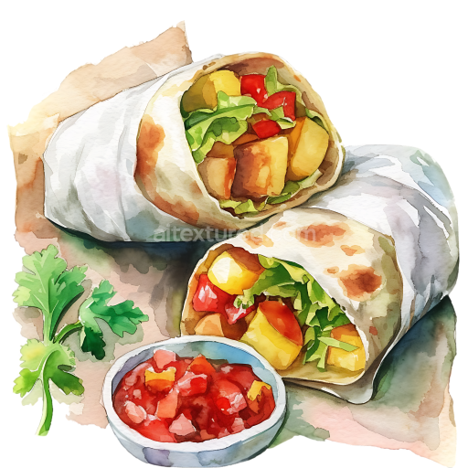 Watercolor Style Breakfast Burritos with Potatoes and Fresh Salsa Graphic