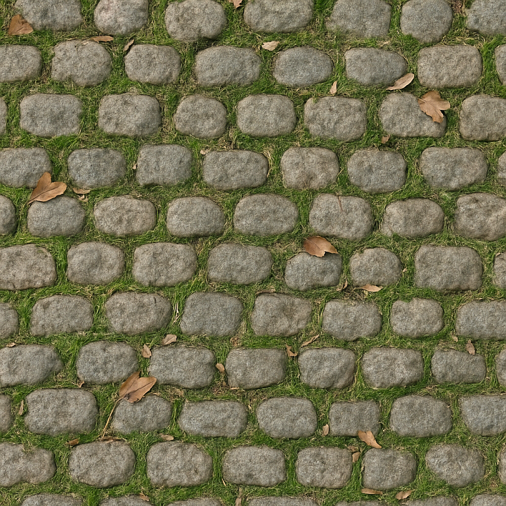 Cobblestone Small With Mossy Grout And Dry Leaves Scattered Asphalt seamless PBR texture preview