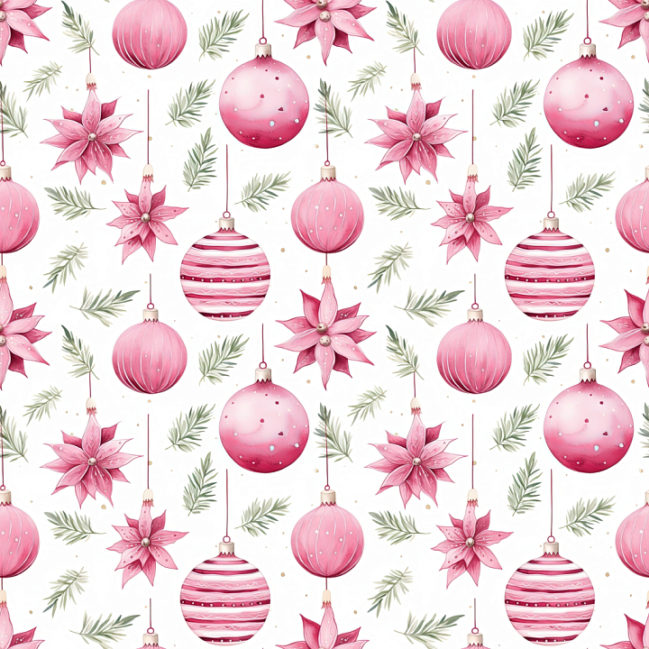 All Christmas Digital paper of Pink Christmas Ornaments and Pine Sprigs… seamless PBR texture preview