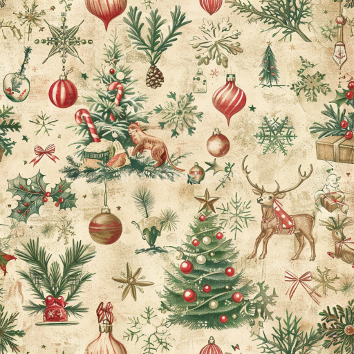 Seamless 3D PBR Christmas Vintage Fabric Texture with Festive Ornaments and Pine Motifs