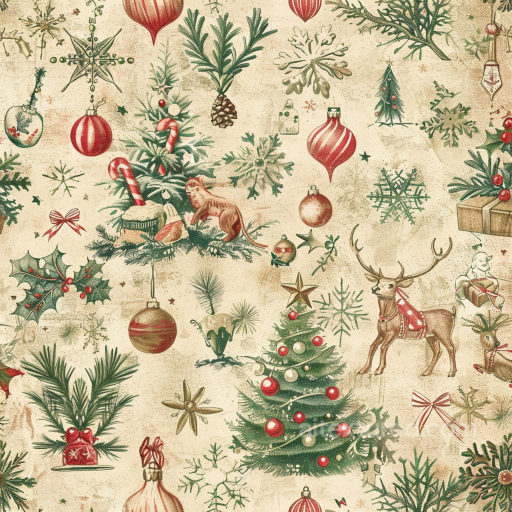 Christmas Vintage Fabric Texture with Festive Ornaments and Pine Motifs seamless Christmas vintage PBR texture