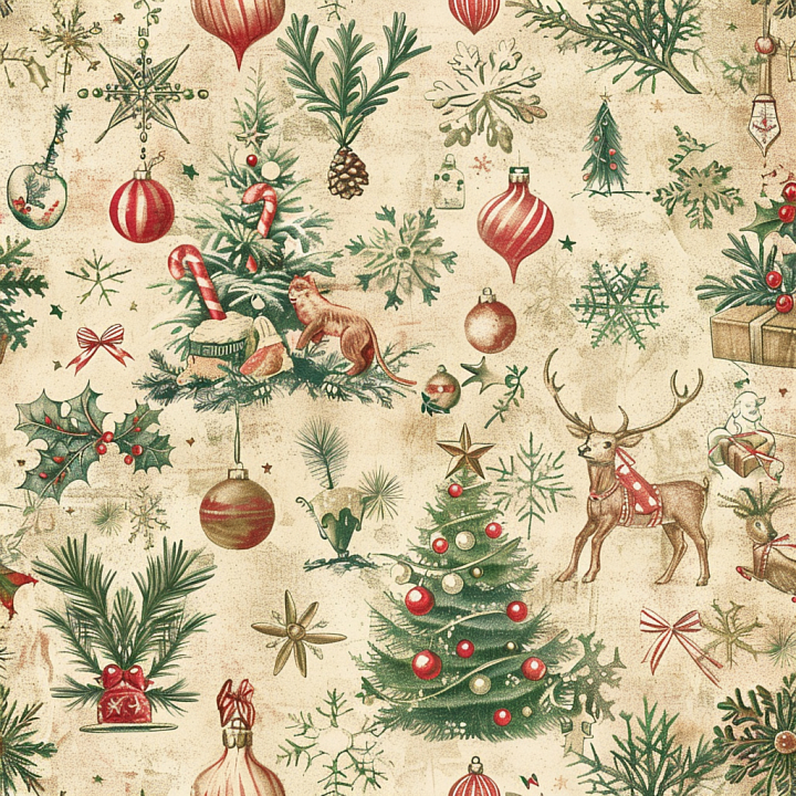 Christmas Vintage Fabric with Festive Ornaments and Pine Motifs Wood seamless PBR texture preview