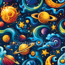seamless Seamless 3D Stylized Space PBR Texture with Colorful Planets, Stars & Nebula Swirls texture 8k free download PBR