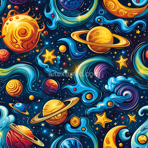 Seamless 3D Stylized Space PBR Texture with Colorful Planets, Stars & Nebula Swirls