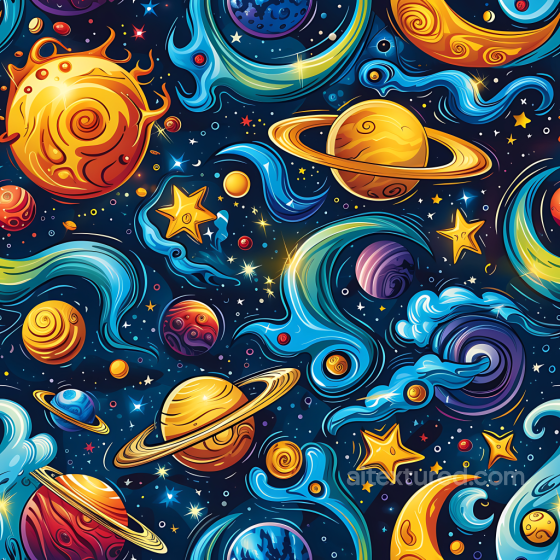 Stylized Space PBR Texture with Colorful Planets, Stars & Nebula Swirls Star, space, planets texture preview