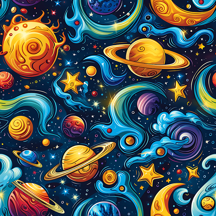 Stylized Space with Colorful Planets, Stars & Nebula Swirls seamless PBR texture preview
