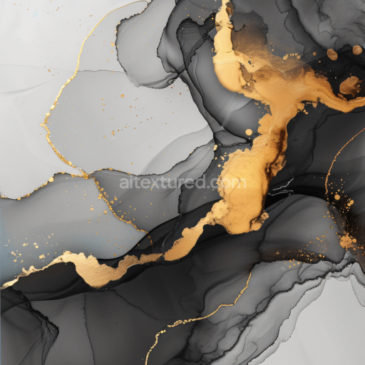 Seamless 3D Alcohol Ink PBR Texture Featuring Gold Veins and Smoky Gray Swirls