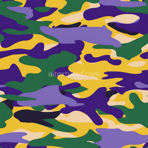Seamless 3D Stylized Camouflage PBR Texture with Vibrant Purple, Yellow, and Green Abstract Blobs