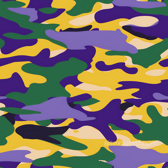 Stylized Camouflage PBR Texture with Vibrant Purple, Yellow, and Green Abstract Blobs Color Camouflage texture preview