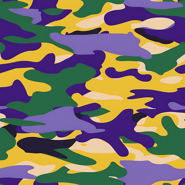 Stylized Camouflage with Vibrant Purple, Yellow, and Green Abstract Blo… seamless PBR texture preview