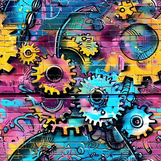 Seamless 3D PBR Graffiti Texture Featuring Vibrant Colorful Mechanical Gears on Brick Wall