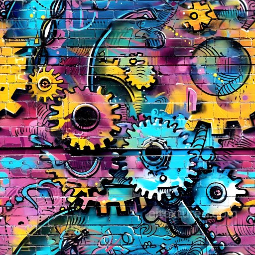 Seamless 3D PBR Graffiti Texture Featuring Vibrant Colorful Mechanical Gears on Brick Wall texture preview