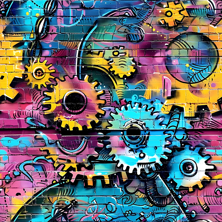 Graffiti Featuring Vibrant Colorful Mechanical Gears on Brick Wall seamless PBR texture preview