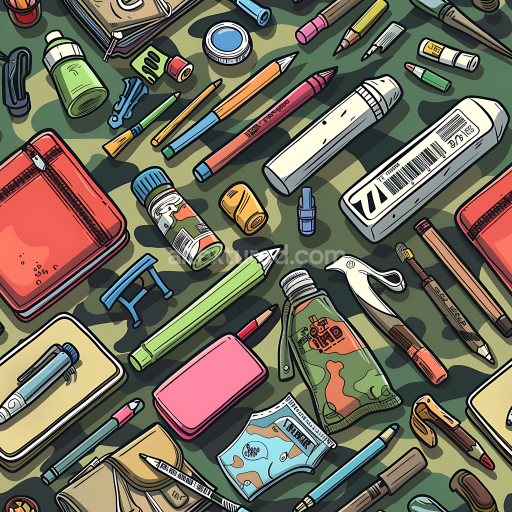 Seamless 3D Stylized Woodland Camouflage PBR Texture with Graphic Tactical Gear Elements