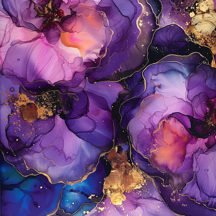 Alcohol Ink with Purple Swirls and Gold Veins seamless PBR texture preview