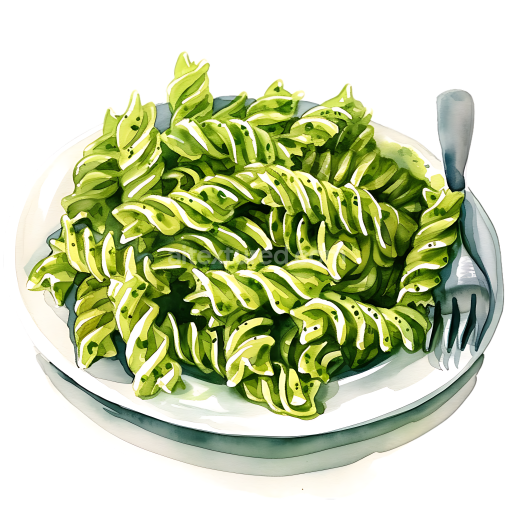 Watercolor Pesto Pasta on White Plate - Breakfast Food Illustration