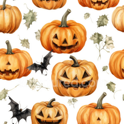 seamless Seamless 3D PBR Watercolor Halloween Pumpkin Texture with Leaves & Bats texture 8k free download PBR