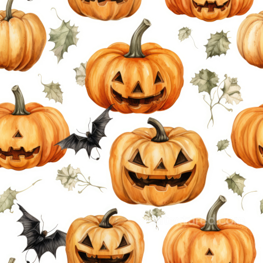 Watercolor Halloween Pumpkin Texture with Leaves & Bats seamless Watercolor Halloween PBR texture