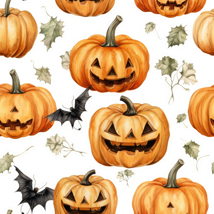 Watercolor Halloween Featuring Carved Pumpkins and Bats seamless PBR texture preview