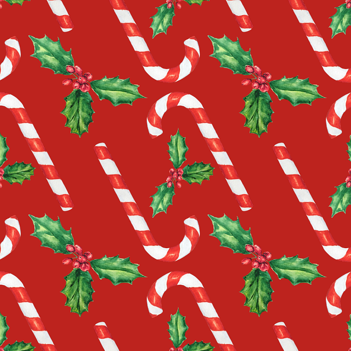 Watercolor Christmas with Candy Cane and Holly Patterns seamless PBR texture preview