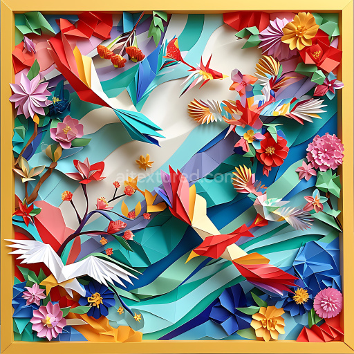 Seamless 3D PBR Origami Fish and Birds Texture with Vibrant Floral Elements