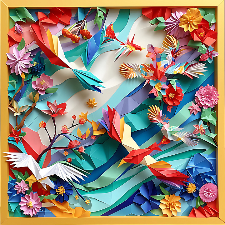 Origami Fish and Birds with Vibrant Floral Elements seamless PBR texture preview