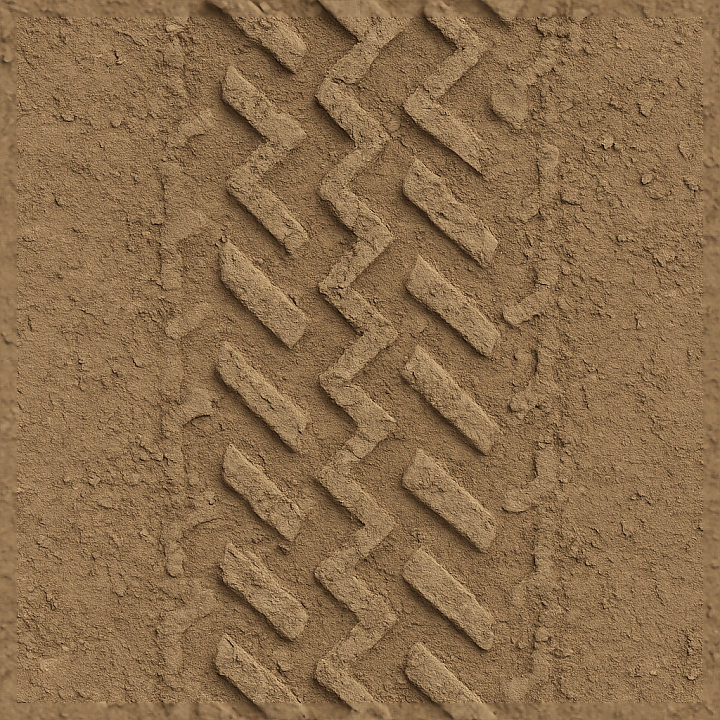 Worn Tire Print On Dry Soil With Diamond Tread And Soil Imprint Pattern… seamless PBR texture preview