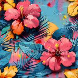 seamless Seamless 3D PBR Graffiti Texture Featuring Tropical Hibiscus Flowers and Vibrant Leaves texture 8k free download PBR