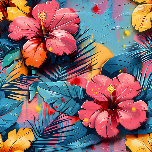 Seamless 3D PBR Graffiti Texture Featuring Tropical Hibiscus Flowers and Vibrant Leaves