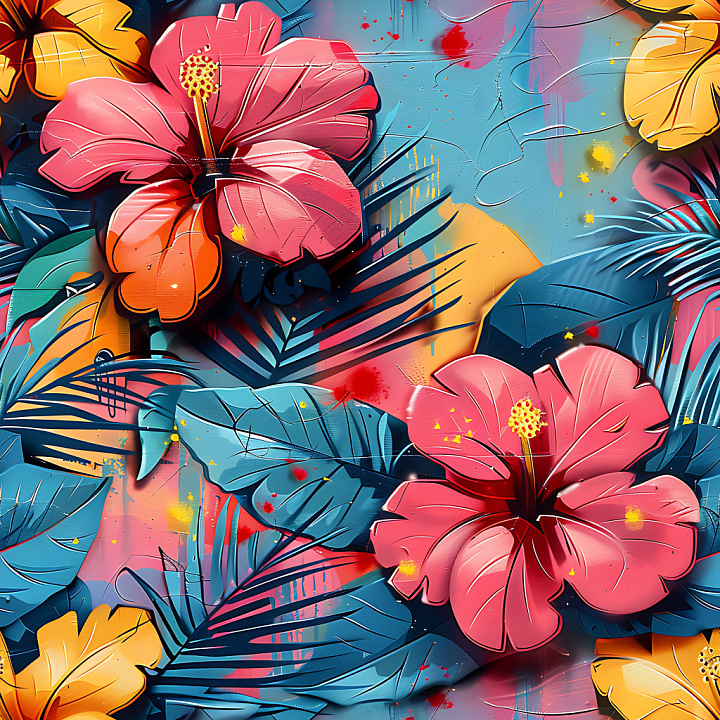 Graffiti Featuring Tropical Hibiscus Flowers and Vibrant Leaves seamless PBR texture preview