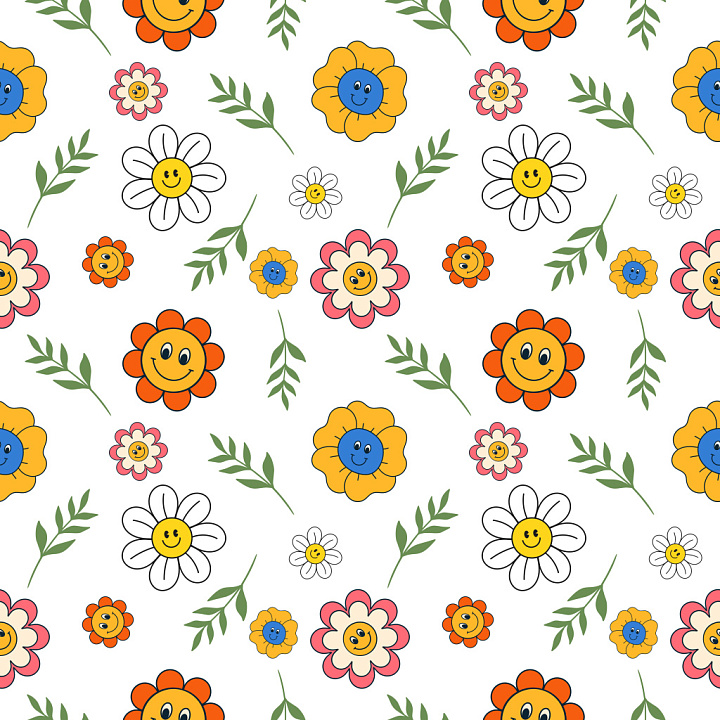 Pattern with Smiling Colorful Floral Motifs and Leafy Accents seamless PBR texture preview